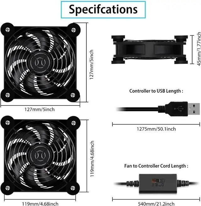 Alt view image 5 of 6 - N 2Pack Quiet 120mm USB Fan Dual-Ball Bearings, USB Fan 5V, with L/M/H 3-Degree Speed Controller High Airflow Cooling Fan for Router Modem Receiver DVR Playstation Xbox TV Box