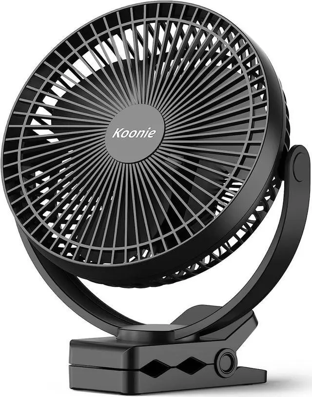 Main image of Koonie 10000mAh Clip on Fan Rechargeable, 8-Inch Battery Operated Desk Fan, USB Fan with 4 Speeds, Strong Airflow Sturdy Clamp for Golf Cart Office Desk Outdoor Travel Camping Tent Gym Treadmill,Black