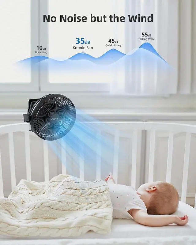 Alt view image 4 of 7 - Koonie 10000mAh Clip on Fan Rechargeable, 8-Inch Battery Operated Desk Fan, USB Fan with 4 Speeds, Strong Airflow Sturdy Clamp for Golf Cart Office Desk Outdoor Travel Camping Tent Gym Treadmill,Black