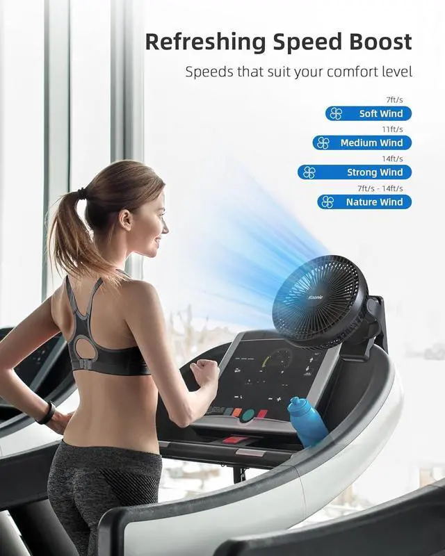 Alt view image 5 of 7 - Koonie 10000mAh Clip on Fan Rechargeable, 8-Inch Battery Operated Desk Fan, USB Fan with 4 Speeds, Strong Airflow Sturdy Clamp for Golf Cart Office Desk Outdoor Travel Camping Tent Gym Treadmill,Black