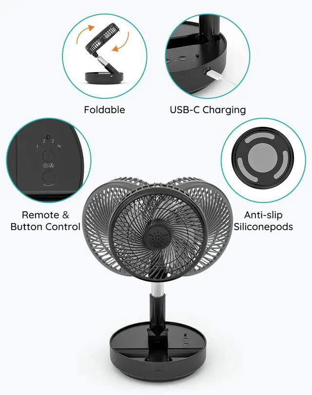 Alt view image 5 of 7 - Primevolve Portable Oscillating Standing Fan,Rechargeable Battery Operated USB Floor Table Desk Fan with Remote, CampingTravel Fans Black 7.7"