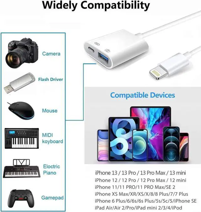 Alt view image 6 of 7 - Lightning to USB Camera Adapter with Charging Port USB 3.0 OTG Cable for iPhone/iPad to Connect Card Reader USB Flash Drive U Disk Keyboard Mouse Hubs MIDI Plug & Play