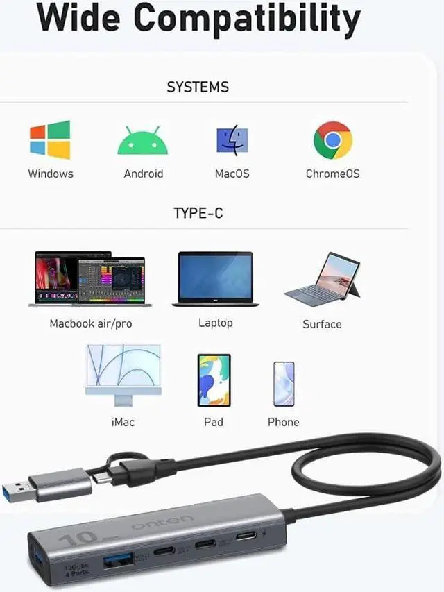 Alt view image 3 of 7 - Onten 10Gbps USB C Hub,USB C to USB C/A Adapter with USB3.2 GEN2 Speed. USB/USB C Splitter with 2*USBA(10G) 2*USB C(10G).4 Ports USB C Adapter e(Data Transfer only,Not Support Power and Monitor)