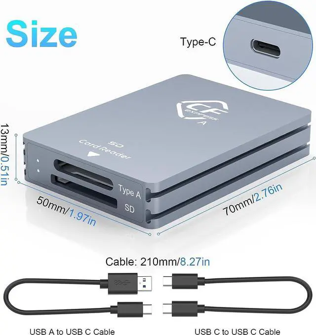 Alt view image 7 of 7 - CFexpress Type A and SD Dual-Slot Memory Card Reader, 10Gbps USB 3.2 Gen 2 Type A CFexpress Adapter Memory Card Reader with USB C to USB C/USB A Cable,Compatible with Windows/Mac/Linux/Android