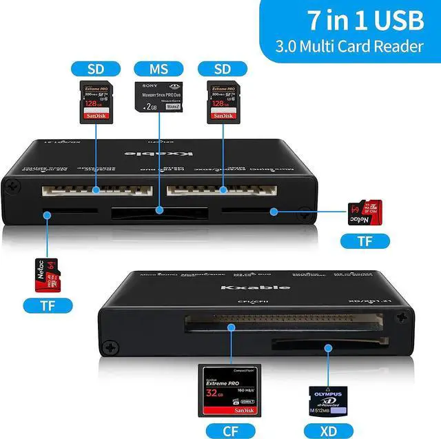 Alt view image 2 of 7 - SD Card Reader 7 in 1 USB 3.0 Memory Card Reader/Writer 5Gbps for SD/Micro SD/MS/CF/MMC/XD/SDHC/SDXC Camera Memory Card Reader for Mac OS Windows Linux- with 2 USB A/C to Micro 3.0 Cables