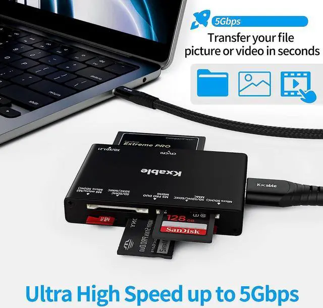 Alt view image 3 of 7 - SD Card Reader 7 in 1 USB 3.0 Memory Card Reader/Writer 5Gbps for SD/Micro SD/MS/CF/MMC/XD/SDHC/SDXC Camera Memory Card Reader for Mac OS Windows Linux- with 2 USB A/C to Micro 3.0 Cables