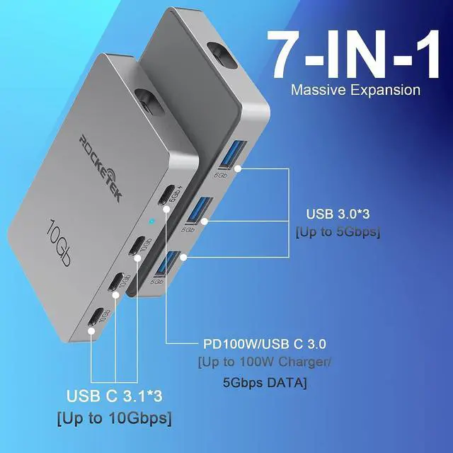 Alt view image 7 of 7 - USB-C Gen 2 Hub Adapter 7-Ports - 3X USB-C 10Gbs Gen 2, 3X USB 3.0 5Gbs Ports, USB C Hub 100W Power Delivery with 5Gbs Data, USB C to USB C Hub, USB C Hub Multiport Adapter for MacBook Air/Pro etc.