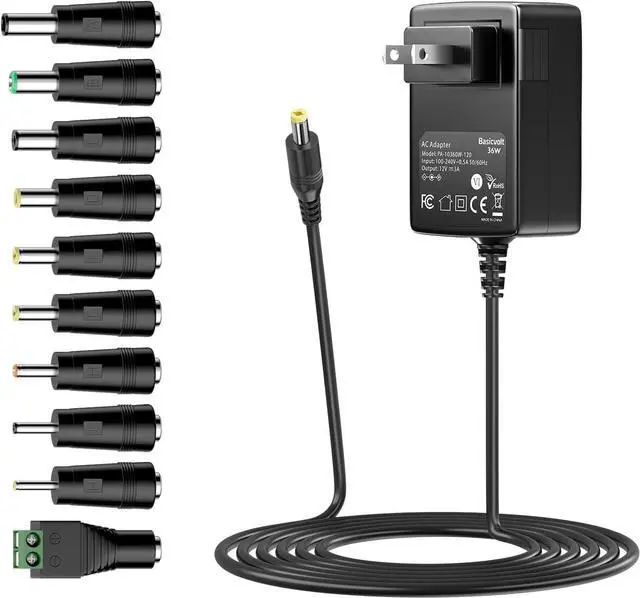 Main image of Basicvolt 12V 3A AC/DC Adapter Universal Power Supply with 10 DC Plugs, Regulated 12Volts 3000mA Power Adapter for LED Strip Light, CCTV Camera, BT Speaker, Router, DC12V Transformer