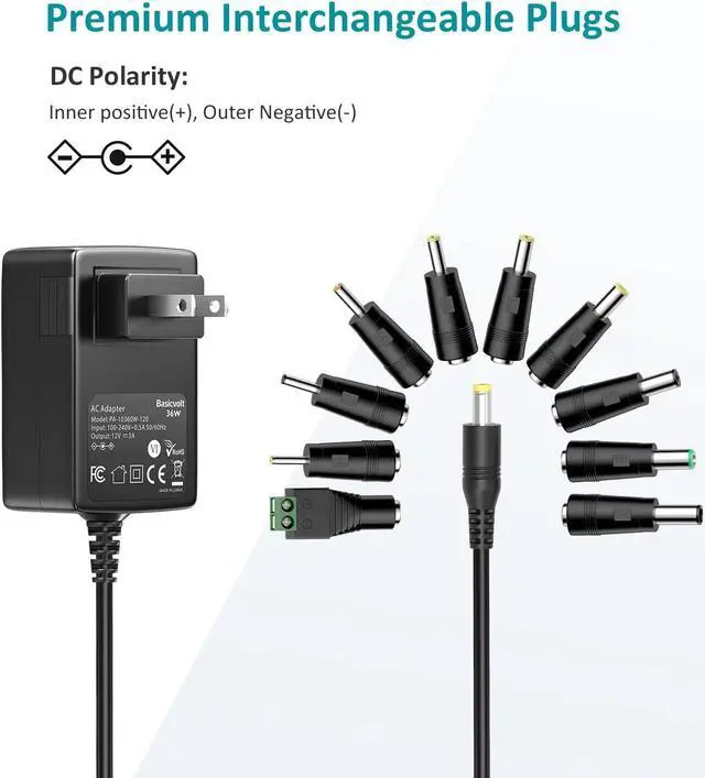 Alt view image 4 of 7 - Basicvolt 12V 3A AC/DC Adapter Universal Power Supply with 10 DC Plugs, Regulated 12Volts 3000mA Power Adapter for LED Strip Light, CCTV Camera, BT Speaker, Router, DC12V Transformer