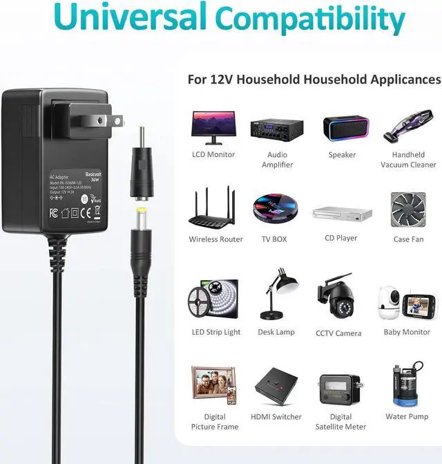 Alt view image 3 of 7 - Basicvolt 12V 3A AC/DC Adapter Universal Power Supply with 10 DC Plugs, Regulated 12Volts 3000mA Power Adapter for LED Strip Light, CCTV Camera, BT Speaker, Router, DC12V Transformer