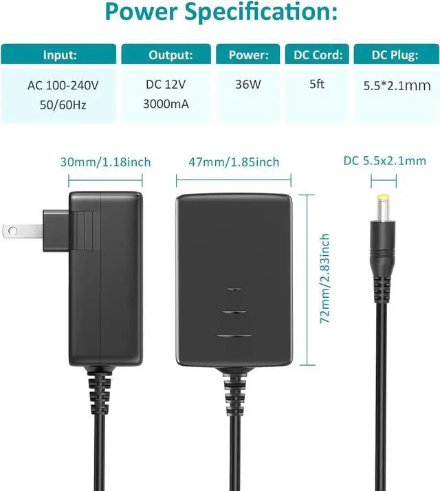 Alt view image 7 of 7 - Basicvolt 12V 3A AC/DC Adapter Universal Power Supply with 10 DC Plugs, Regulated 12Volts 3000mA Power Adapter for LED Strip Light, CCTV Camera, BT Speaker, Router, DC12V Transformer