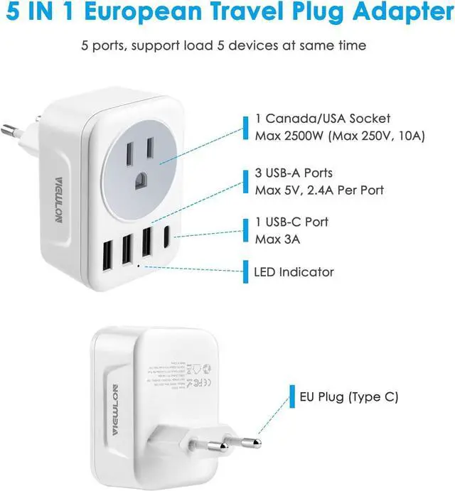 Alt view image 2 of 6 - VIEWLON European Travel Plug Adapter, Canada US to Europe Plug Adapter with 1 USB C, 3 USB Ports, and 1 CA/US Outlets, 5-in-1 Travel Adapter to Most of Europe (Type C)