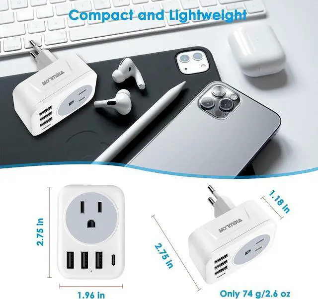 Alt view image 5 of 6 - VIEWLON European Travel Plug Adapter, Canada US to Europe Plug Adapter with 1 USB C, 3 USB Ports, and 1 CA/US Outlets, 5-in-1 Travel Adapter to Most of Europe (Type C)