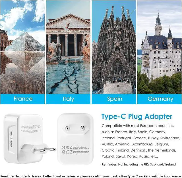 Alt view image 3 of 6 - VIEWLON European Travel Plug Adapter, Canada US to Europe Plug Adapter with 1 USB C, 3 USB Ports, and 1 CA/US Outlets, 5-in-1 Travel Adapter to Most of Europe (Type C)