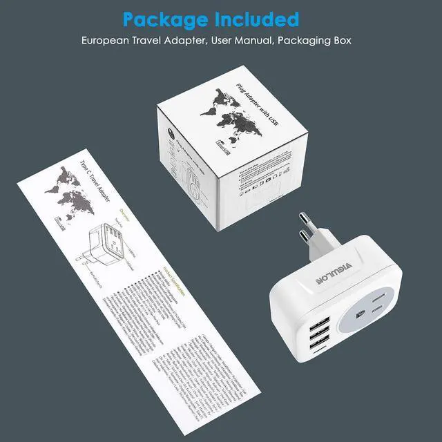 Alt view image 6 of 6 - VIEWLON European Travel Plug Adapter, Canada US to Europe Plug Adapter with 1 USB C, 3 USB Ports, and 1 CA/US Outlets, 5-in-1 Travel Adapter to Most of Europe (Type C)