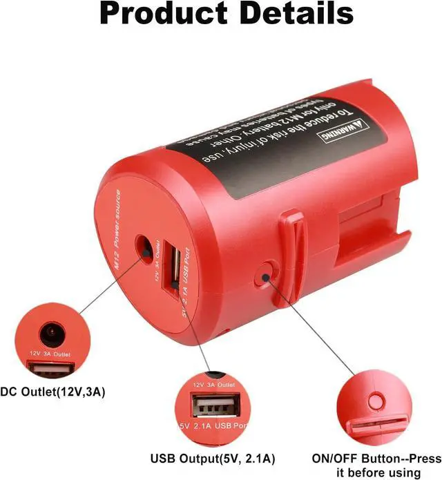 Alt view image 3 of 6 - L USB Power Source Adapter for Milwaukee M12 12V Lithium-ion Battery, Portable Power Source Adapter with 2.1A USB Port & DC 12V Outlet,USB Device Charging Adapter(M12 Adapter-ONLY)