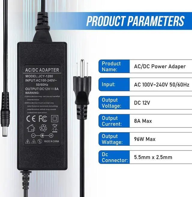 Alt view image 2 of 7 - 3 Prong DC 12V 8A Power Supply Adapter 96W AC 100V-240V to DC 12V 8A Transformer 12V-8A Switching Adapter AC/DC Converter AC/DC Transformer for LED Strip Lights CCTV Camera 3D Scanner