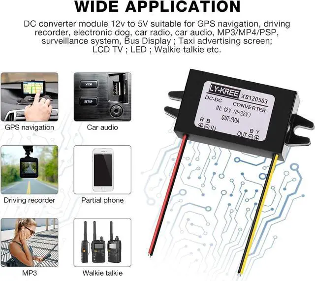 Alt view image 6 of 7 - Weewooday Direct Current Converter 12v to 5v 3a 15w Buck Converter Module, Reduced Voltage Regulator Car Power Output Power Adapter, Wire Interface(3 Pieces)