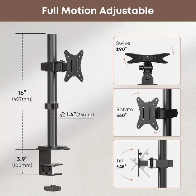 Alt view image 7 of 7 - Single Monitor Desk Mount for 13-35 Inch Screens, Up to 22 lbs, Ultrawide Arm Mount for Flat & Curved Screens with VESA 75x75 to 200x200, Includes Cable Clips
