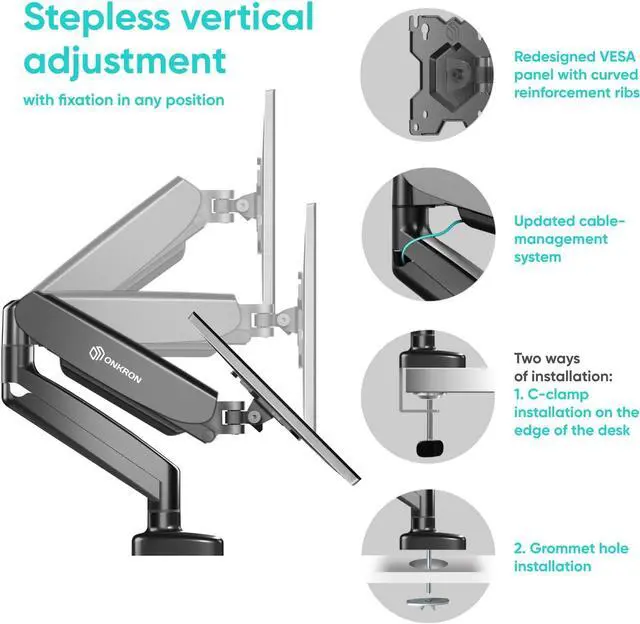Alt view image 4 of 7 - ONKRON Single Monitor Mount for 13-32 Inch Screen up to 17.6 lbs, Gas Spring Monitor Arm VESA 75x75-100x100, Adjustable Computer Screen Mount for Desk with Swivel, Tilt, Rotation Black