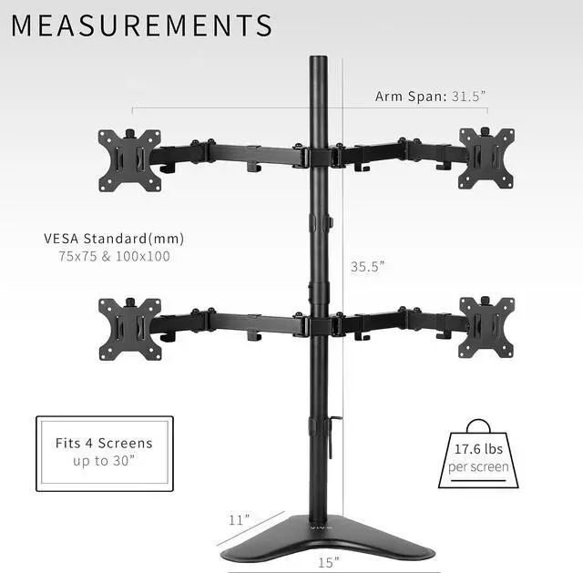 Alt view image 6 of 7 - Quad 13 to 30 inch Monitor Free-Standing Mount Fully Adjustable Desk Stand Holds 4 Flat or Curved Display Screens STAND-V004F