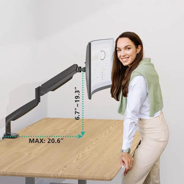 Alt view image 3 of 7 - WALI Single Monitor Arm, Gas Spring Monitor Mount for Max 35 inches - 26.4 lbs Screen, Ultrawide Computer Monitors Stand with C Clamp and Grommet Base (GSMP001XL), Black
