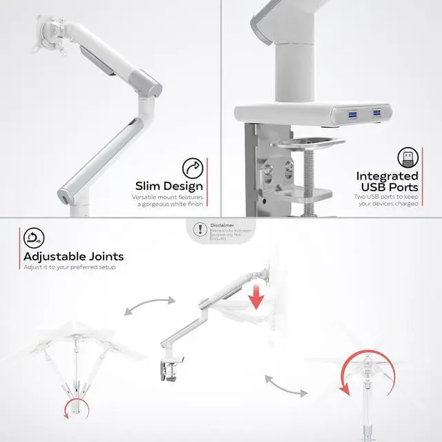 Alt view image 4 of 7 - White Single Monitor Arm Mount - CTA White Monitor Mount for 23" to 35" Monitors - w/Dual USB 3.0 Hub Ports & Arm Clamp for Desks - White Color - (ADD-SSMA)