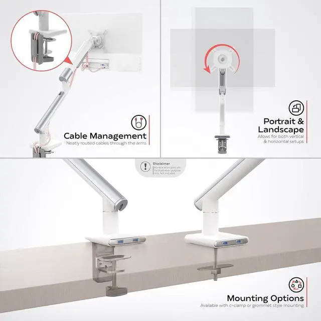Alt view image 5 of 7 - White Single Monitor Arm Mount - CTA White Monitor Mount for 23" to 35" Monitors - w/Dual USB 3.0 Hub Ports & Arm Clamp for Desks - White Color - (ADD-SSMA)
