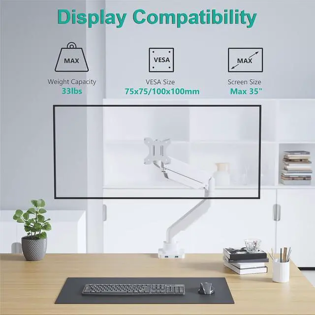 Alt view image 3 of 7 - WALI Single Monitor Arm Desk Mount, Single Monitor Mount Desk Up to 35 Inch and 33lbs,Heavy Duty White Monitor Arm Fully Adjustable Gas Spring Monitor Stand (GSMU001-W), White