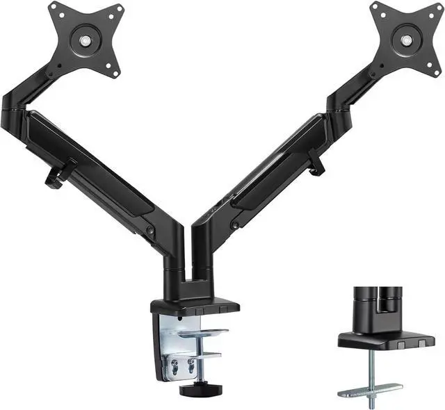 Alt view image 2 of 7 - Mount-It! Dual Monitor Arm for 2 Monitors 17" to 32" Screens, Holds 19.8lbs per Arm, Height Adjustable, Tilt/Swivel/Rotate, Gas Spring System, Max VESA 100x100, C-Clamp & Grommet Base