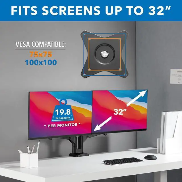 Alt view image 6 of 7 - Mount-It! Dual Monitor Arm for 2 Monitors 17" to 32" Screens, Holds 19.8lbs per Arm, Height Adjustable, Tilt/Swivel/Rotate, Gas Spring System, Max VESA 100x100, C-Clamp & Grommet Base