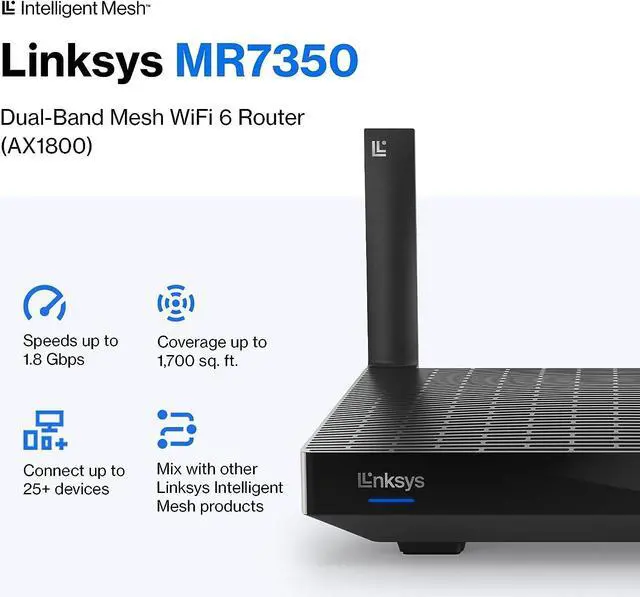 Alt view image 2 of 7 - Linksys Mesh Wifi 6 Router, Dual-Band, 1,700 Sq. ft Coverage, 25+ Devices, Speeds up to (AX1800) 1.8Gbps - MR7350