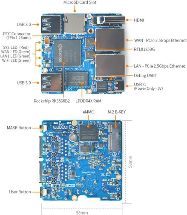 Alt view image 7 of 7 - Nanopi R5C Mini WiFi Router OpenWRT with Dual PCIe 2.5Gbps Ethernet M.2 WiFi Bluetooth Ports 4GB LPDDR4X RAM Based in Rockchip RK3568B2 Soc for IOT NAS Smart Home Gateway (with M.2 WiFi Module)