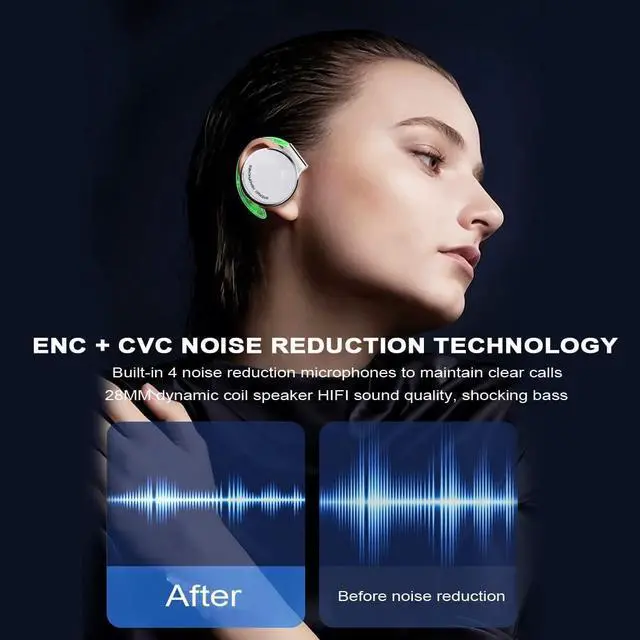 Alt view image 6 of 7 - On Ear Headphones Bluetooth V5.3, Clip on Headphones Wireless with Earhooks, Noise Cancelling Open Ear Headphones Bluetooth Headset with 4 Microphones, Sports Headphones with Long Battery Life