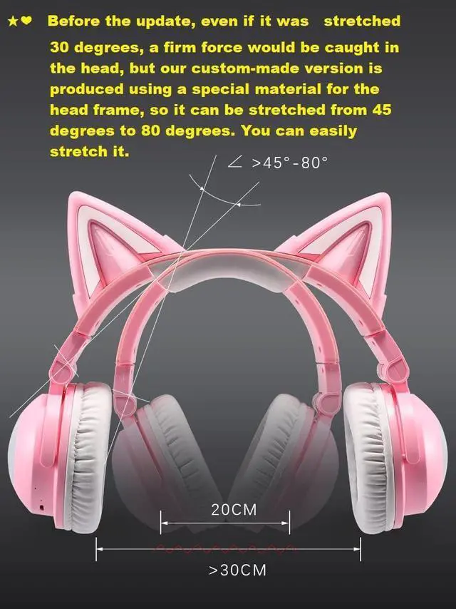 Alt view image 4 of 7 - kuayang Wireless Cat Ear Headphones (7 Color Changing) with & 3.5mm Jack, Gaming Pro, Bluetooth&Wired Connection (Pink)