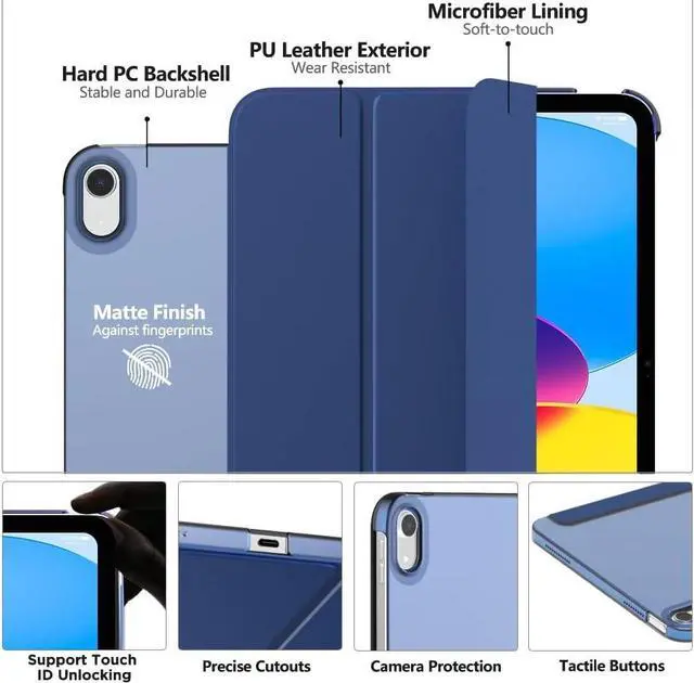 Alt view image 3 of 7 - Case for iPad (A16) 11th Generation 11 Inch 2025 iPad 10th Generation 10.9 inch 2022 Slim Stand Protective Cover with Hard PC Translucent Back Shell Cover Support Touch ID Navy Blue