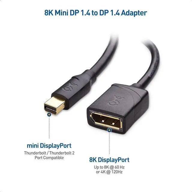 Alt view image 2 of 7 - Cable Matters 8K Mini DisplayPort to DisplayPort 1.4 Adapter in Black - 8K@60Hz, 4K@120Hz Resolution Ready & Active 8K Mini DisplayPort 1.4 to HDMI 2.1 Adapter with 4K 120Hz or 8K 60Hzin Black