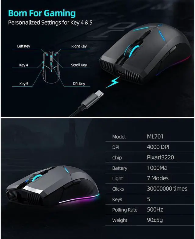 Alt view image 2 of 7 - ThundeRobot ML701 Wireless Gaming Mouse, Rechargeable Computer Gaming Mouse 5 Adjustable DPI, Power Saving Mode Wireless Mouse for Laptop/PC/Notebook,7 Color Light, 500Hz Polling Rate Gamer Mouse
