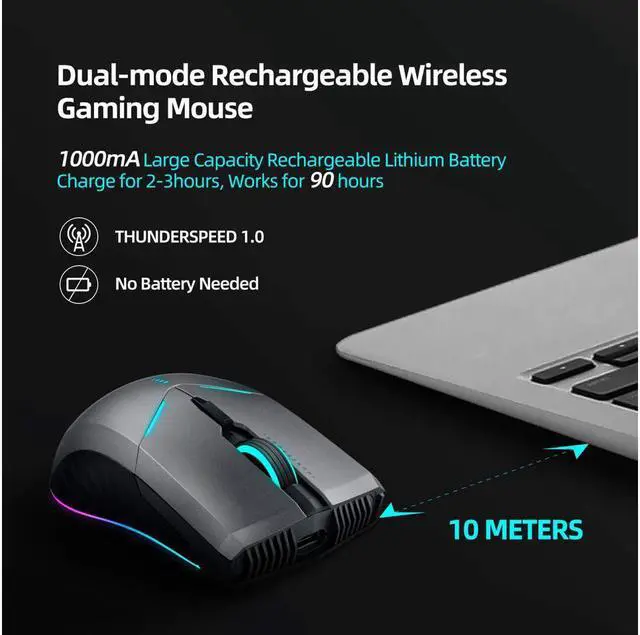 Alt view image 3 of 7 - ThundeRobot ML701 Wireless Gaming Mouse, Rechargeable Computer Gaming Mouse 5 Adjustable DPI, Power Saving Mode Wireless Mouse for Laptop/PC/Notebook,7 Color Light, 500Hz Polling Rate Gamer Mouse