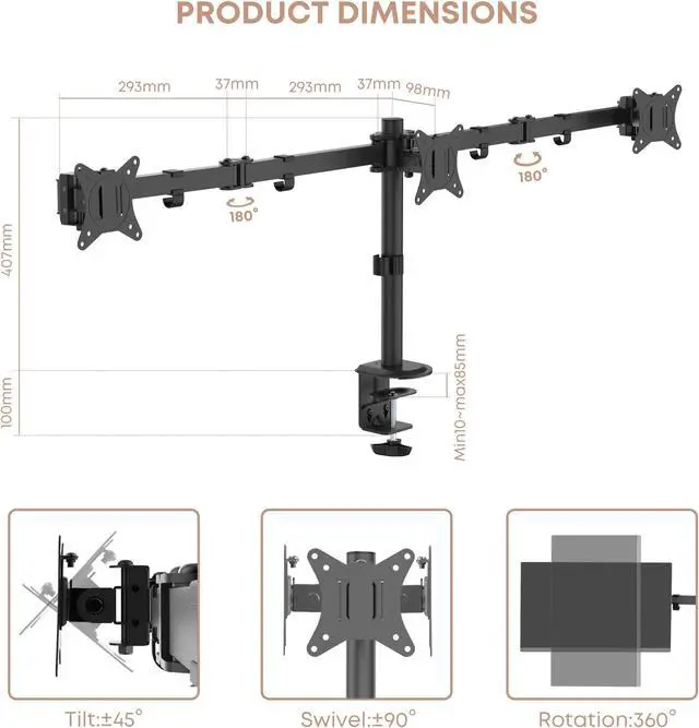 Alt view image 4 of 6 - PUTORSEN Triple Monitor Mount for 3 Screens up to 24 Inches