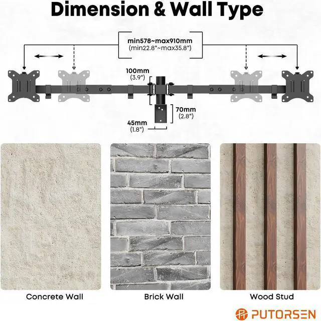 Alt view image 6 of 7 - PUTORSEN Ultra Wide 24-38 Inch Dual Monitor Wall Mount