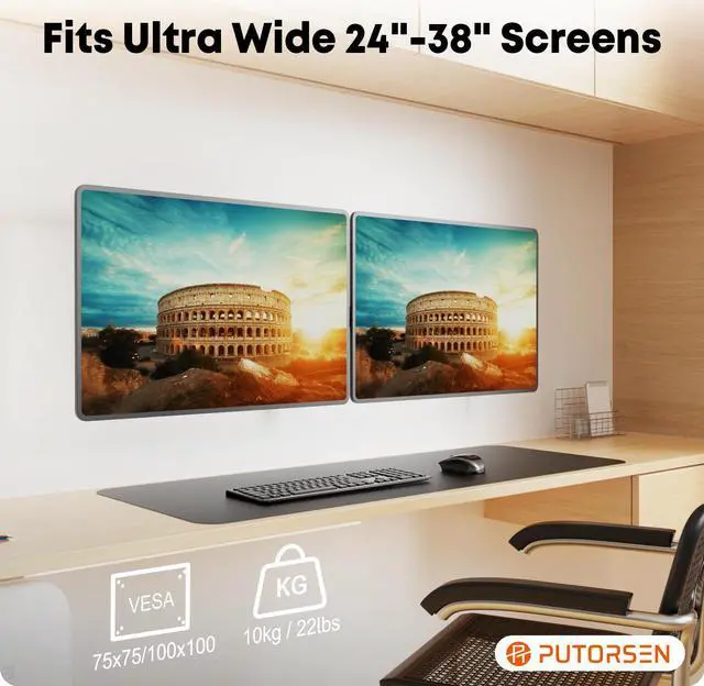 Alt view image 2 of 7 - PUTORSEN Ultra Wide 24-38 Inch Dual Monitor Wall Mount