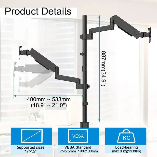 Alt view image 3 of 7 - PUTORSEN Built-in Mechanical Spring Dual Monitor Vertical Stacked Desk Mount Stand Fits 2 Screens up to 32 inches