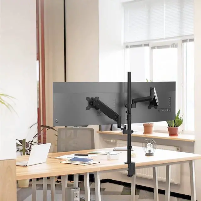 Alt view image 6 of 7 - PUTORSEN Built-in Mechanical Spring Dual Monitor Vertical Stacked Desk Mount Stand Fits 2 Screens up to 32 inches
