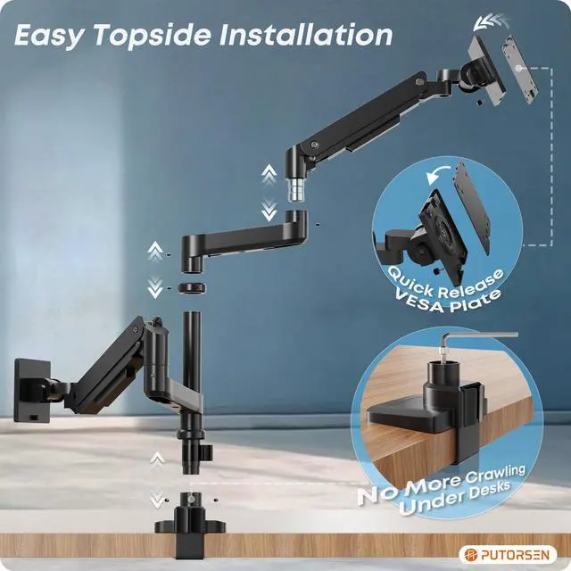 Alt view image 6 of 7 - PUTORSEN 17-49 inch Premium Aluminum Heavy Duty Dual Monitor Arm for Ultrawide Screens up to 44lbs, Vertical Stacked Dual Monitor Desk Mount, Full Motion Dual Vertical Monitor Mount, VESA 75/100,Black