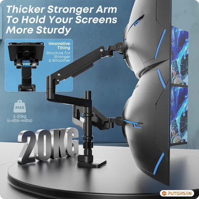 Alt view image 3 of 7 - PUTORSEN 17-49 inch Premium Aluminum Heavy Duty Dual Monitor Arm for Ultrawide Screens up to 44lbs, Vertical Stacked Dual Monitor Desk Mount, Full Motion Dual Vertical Monitor Mount, VESA 75/100,Black