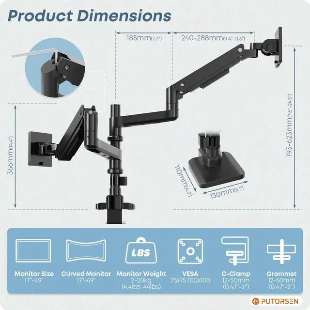 Alt view image 7 of 7 - PUTORSEN 17-49 inch Premium Aluminum Heavy Duty Dual Monitor Arm for Ultrawide Screens up to 44lbs, Vertical Stacked Dual Monitor Desk Mount, Full Motion Dual Vertical Monitor Mount, VESA 75/100,Black