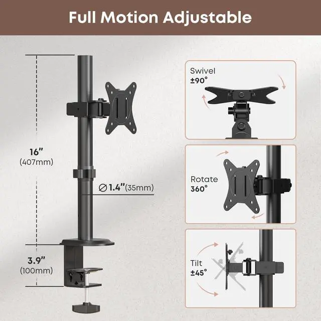 Alt view image 2 of 7 - PUTORSEN Single Monitor Desk Mount for 13-35 Inch Monitor and TV, up to 22 lbs, Ultrawide Monitor Arm Mount for Flat Curved Computer & TV Screen with VESA 75×75 to 200×200, with Cable Clips (66-201)