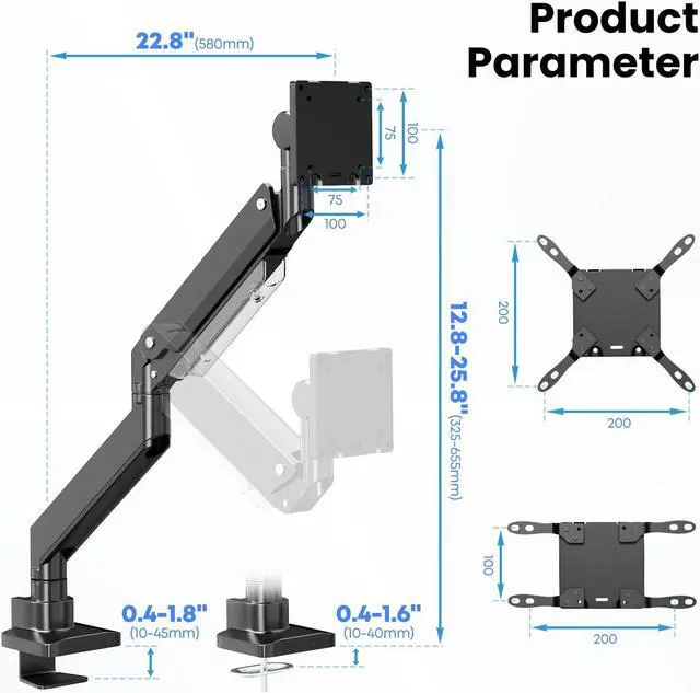 Alt view image 4 of 7 - PUTORSEN 17-57 Inch Ultrawide Monitor Arm and TV Desk Mount,up to 59.4 lbs, Premium Aluminum Single Monitor Arm Desk Mount with Gas Spring, Steel Reinforcement Plate