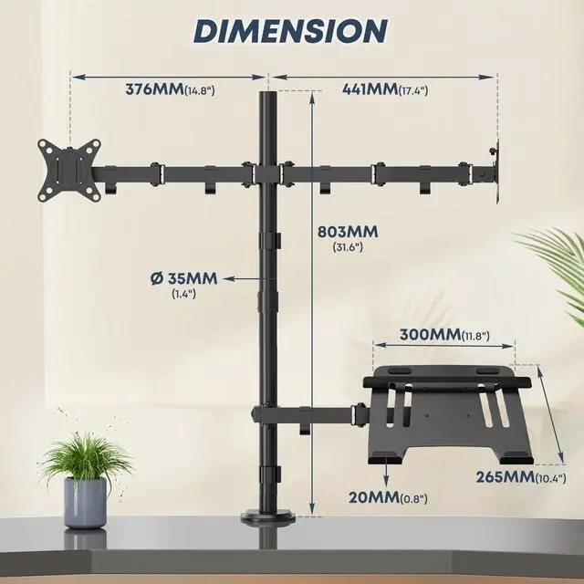 Alt view image 4 of 7 - PUTORSEN Dual Monitor Stand and Laptop Mount Fit Two 17 to 32 Inch Monitor and 10 to 15 Inch Laptop,Extra Tall Adjustable Stand,19.8 lbs Weight Capacity per Arm,Black